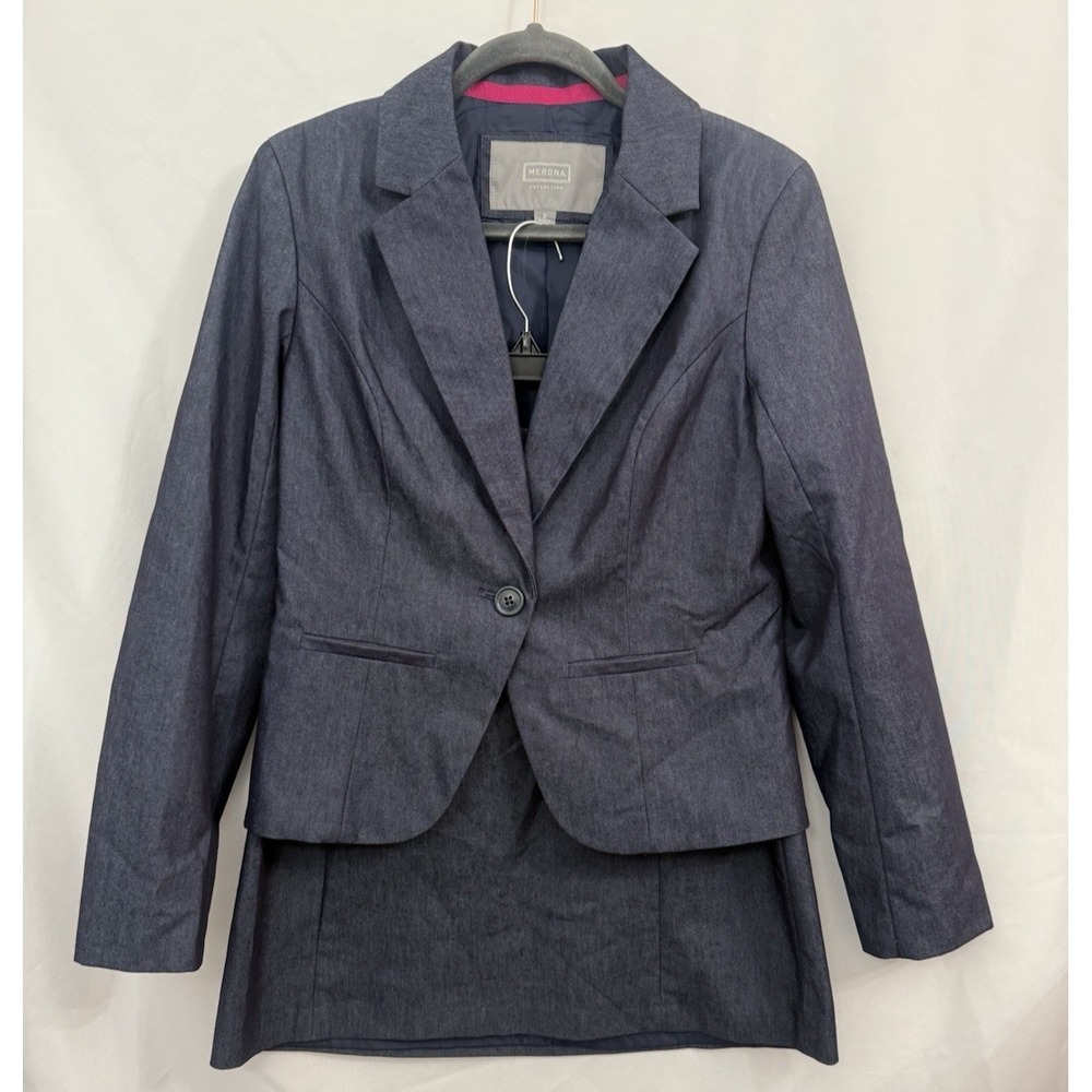 Merona Suit Set Womens 8 Navy Blazer Skirt 2 Piece Power Office Career Outfit